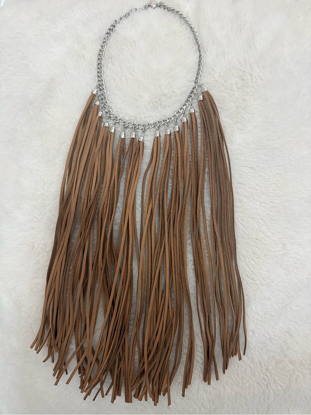 Express Faux Leather Fringe Statement Necklace Boho Western Camel Silver